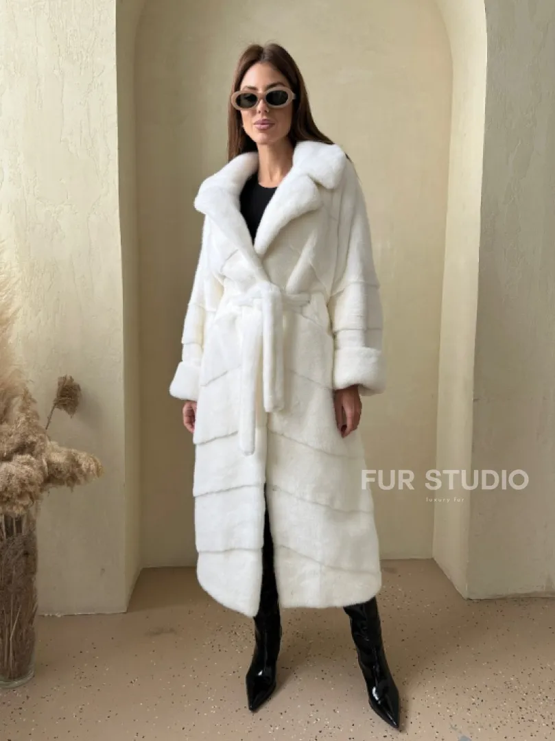 Норка NAFA люкс кимоно паркет английский воротник под пояс - цвет белый - фото 0