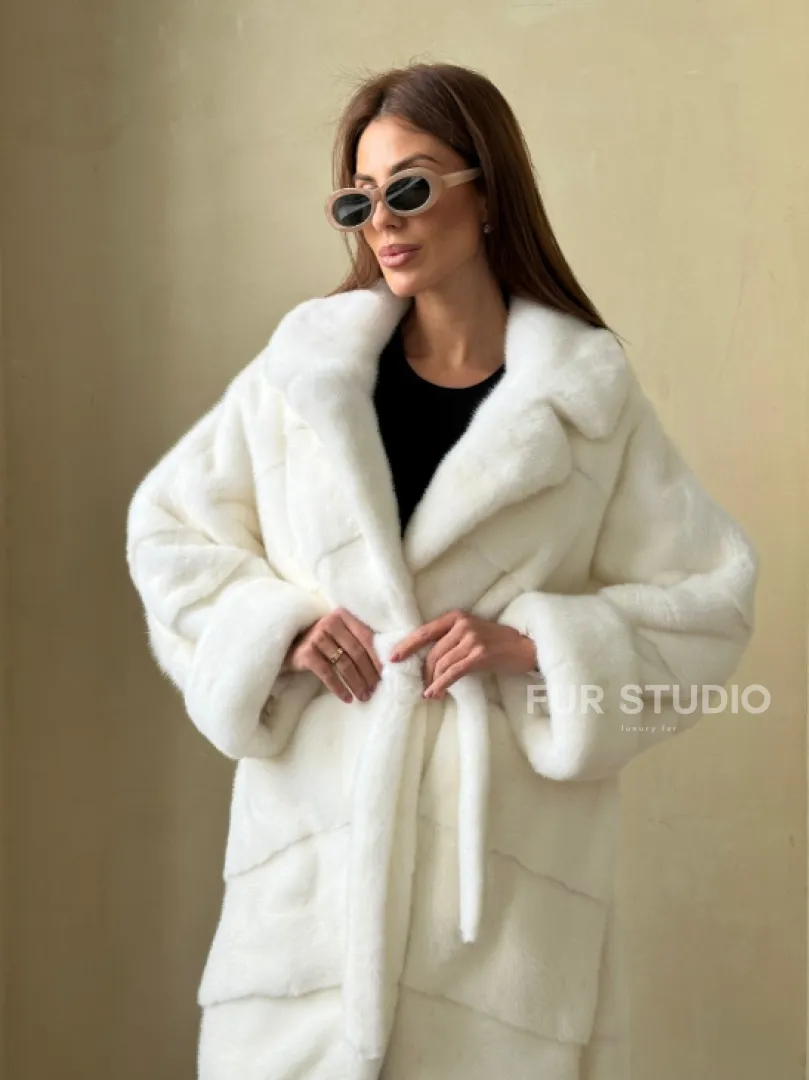Норка NAFA люкс кимоно паркет английский воротник под пояс - цвет белый - фото 1