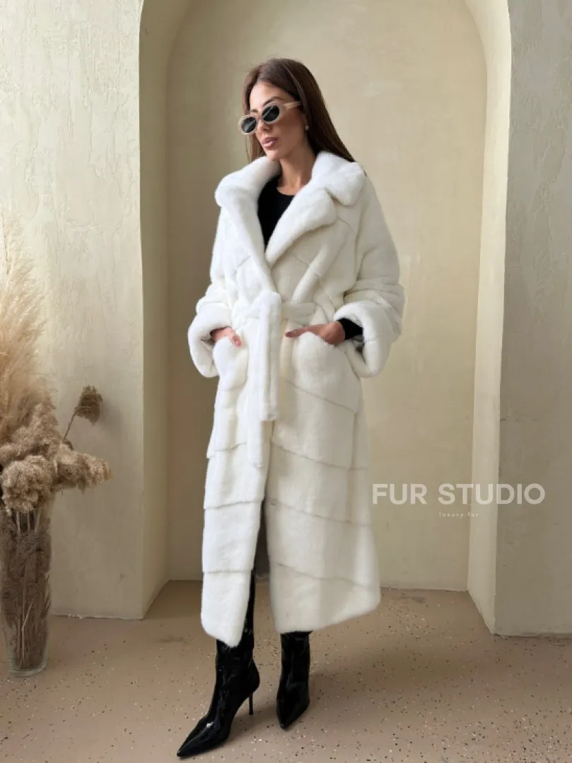 Норка NAFA люкс кимоно паркет английский воротник под пояс - цвет белый - фото 6