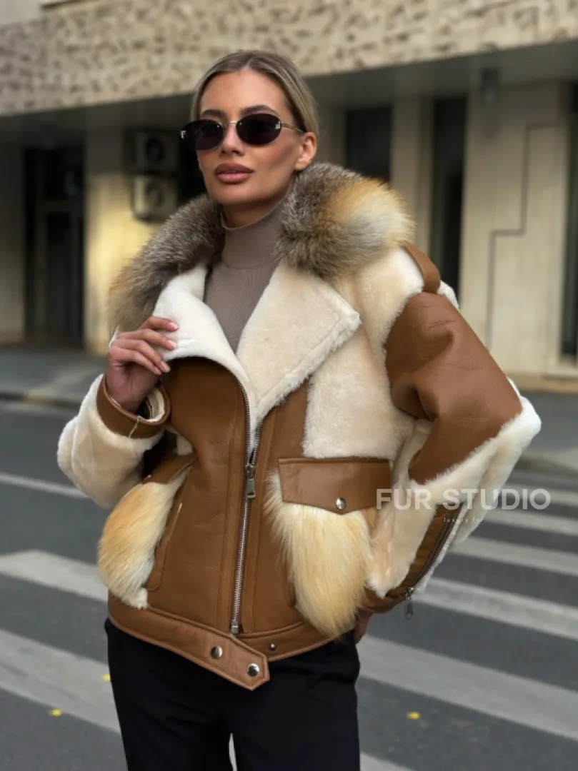 Стильная дубленка из мериноса - цвет кэмел - фото 5