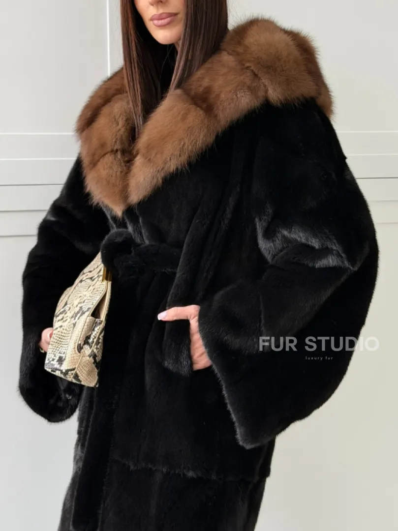 Норковая шуба фасон баллон с капюшоном куница - фото 1