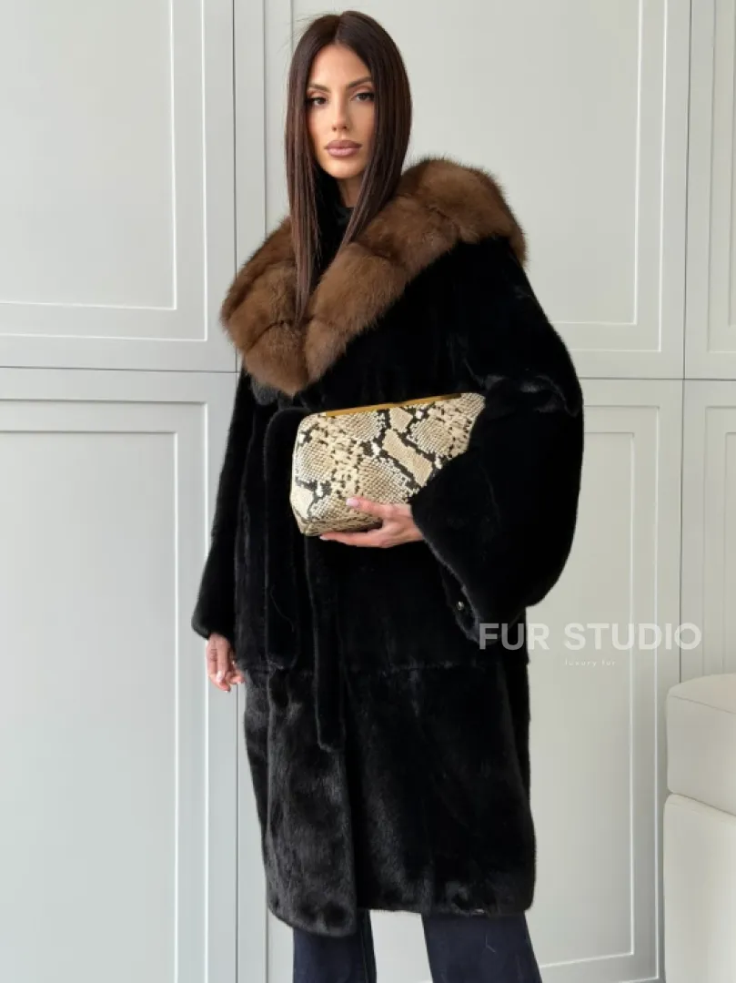 Норка BLACKGLAMA кимоно с капюшоном куница