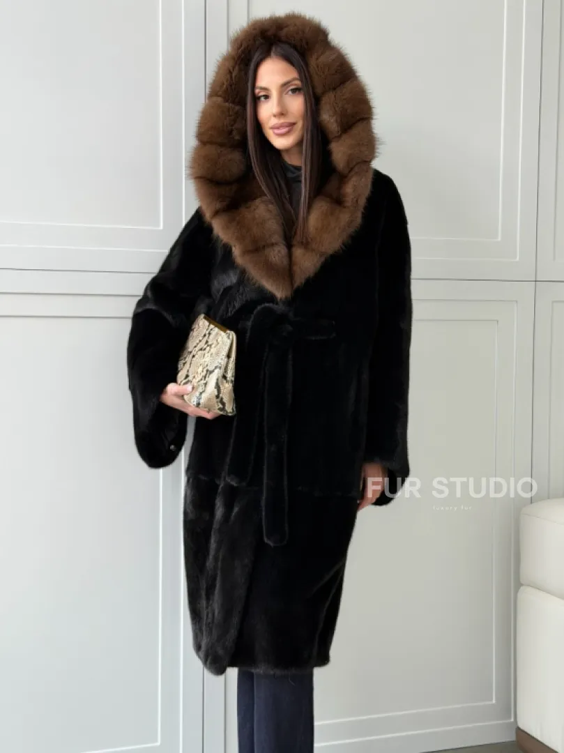 Норковая шуба фасон баллон с капюшоном куница - фото 12
