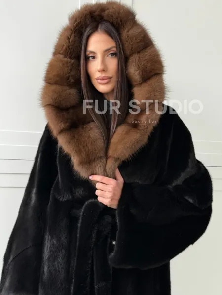 Норковая шуба фасон баллон с капюшоном куница - фото 7