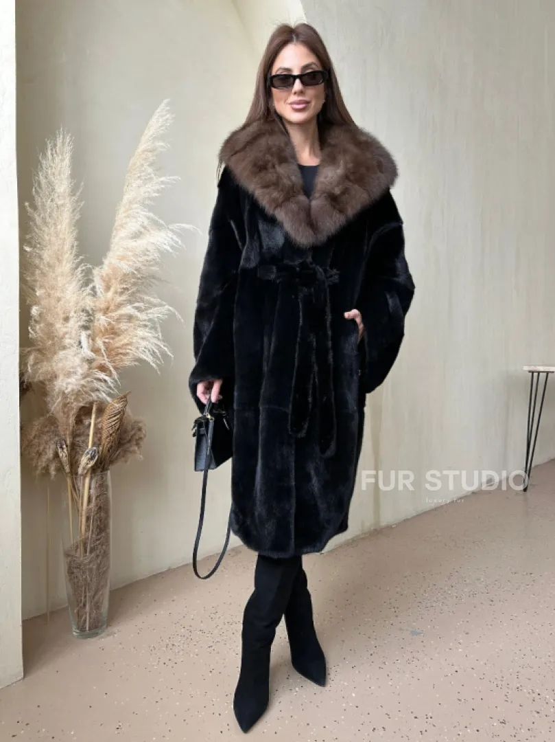 Норка BLACKGLAMA кимоно с капюшоном куница