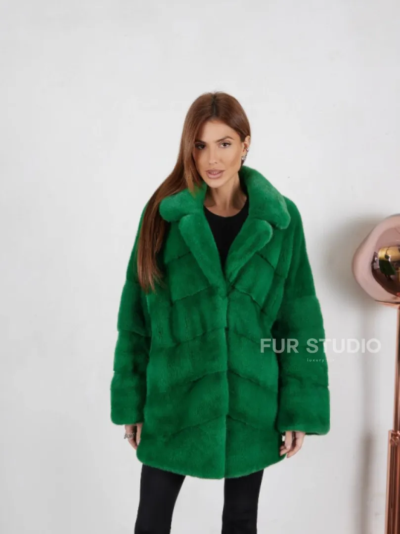 Норка кимоно паркет с английским воротником - светлый изумруд - фото 3