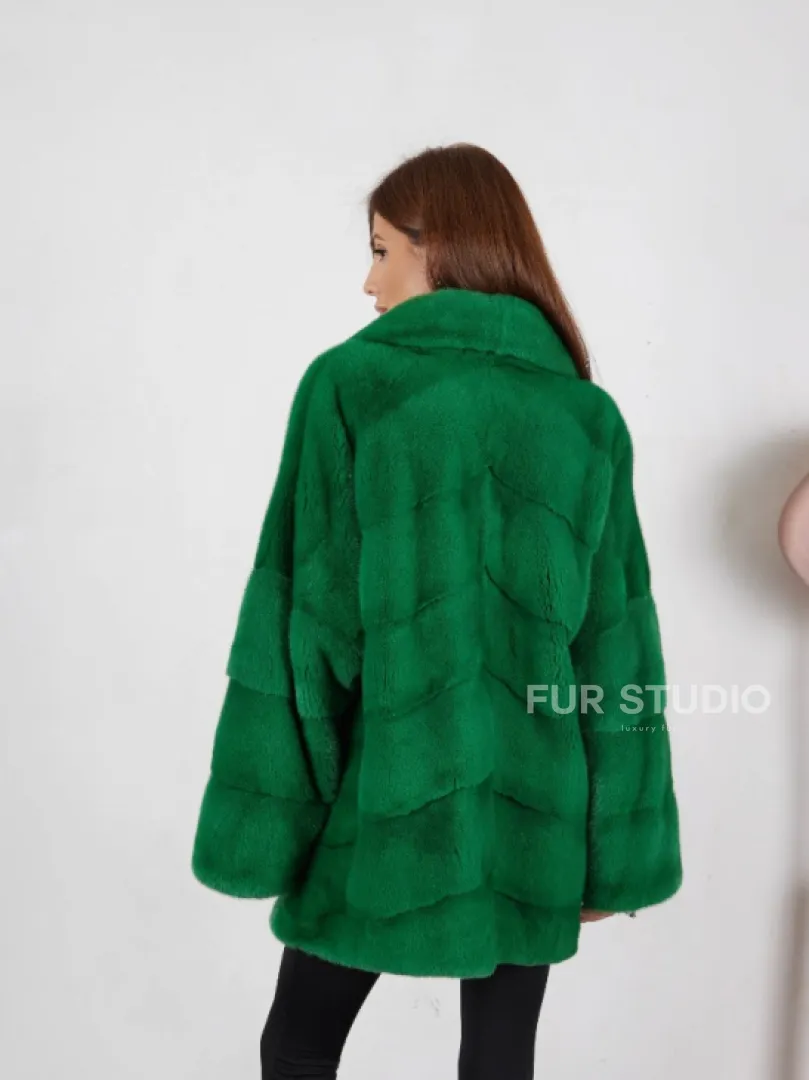 Норка кимоно паркет с английским воротником - светлый изумруд - фото 1