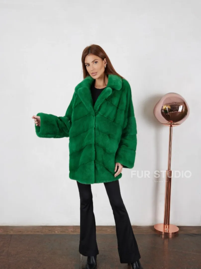 Норка кимоно паркет с английским воротником - светлый изумруд - фото 4