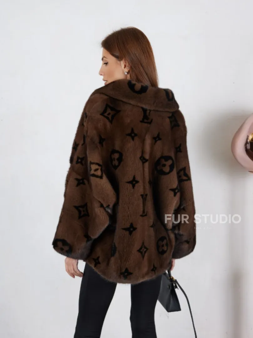 Кимоно полушубок английский воротник, принт - цвет орех - фото 1