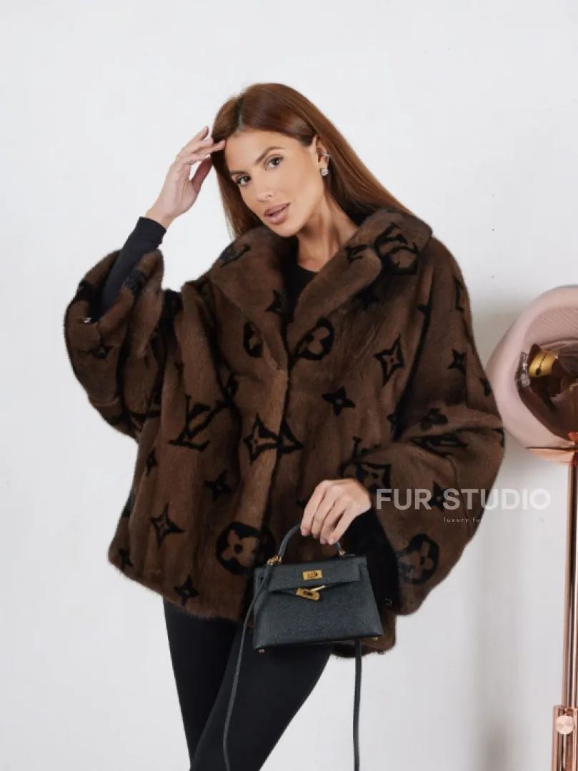 Кимоно полушубок английский воротник, принт - цвет орех - фото 0