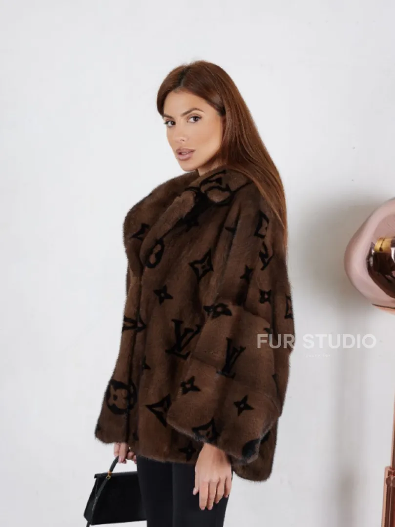 Кимоно полушубок английский воротник, принт - цвет орех - фото 2