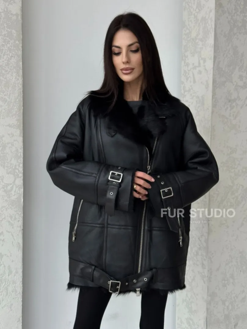 Черная дубленка - авиатор на тоскане - фото 4