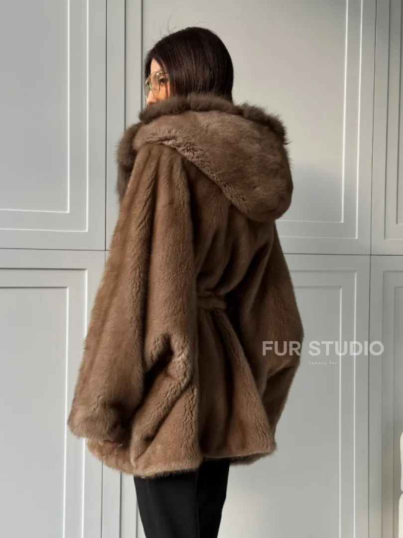 Норка NAFA пошив роспуск пастель с капюшоном куница -летучая мышь