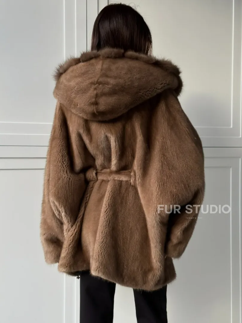 Норка NAFA пошив роспуск пастель с капюшоном куница -летучая мышь