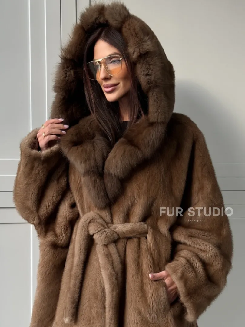 Норка NAFA пошив роспуск пастель с капюшоном куница -летучая мышь