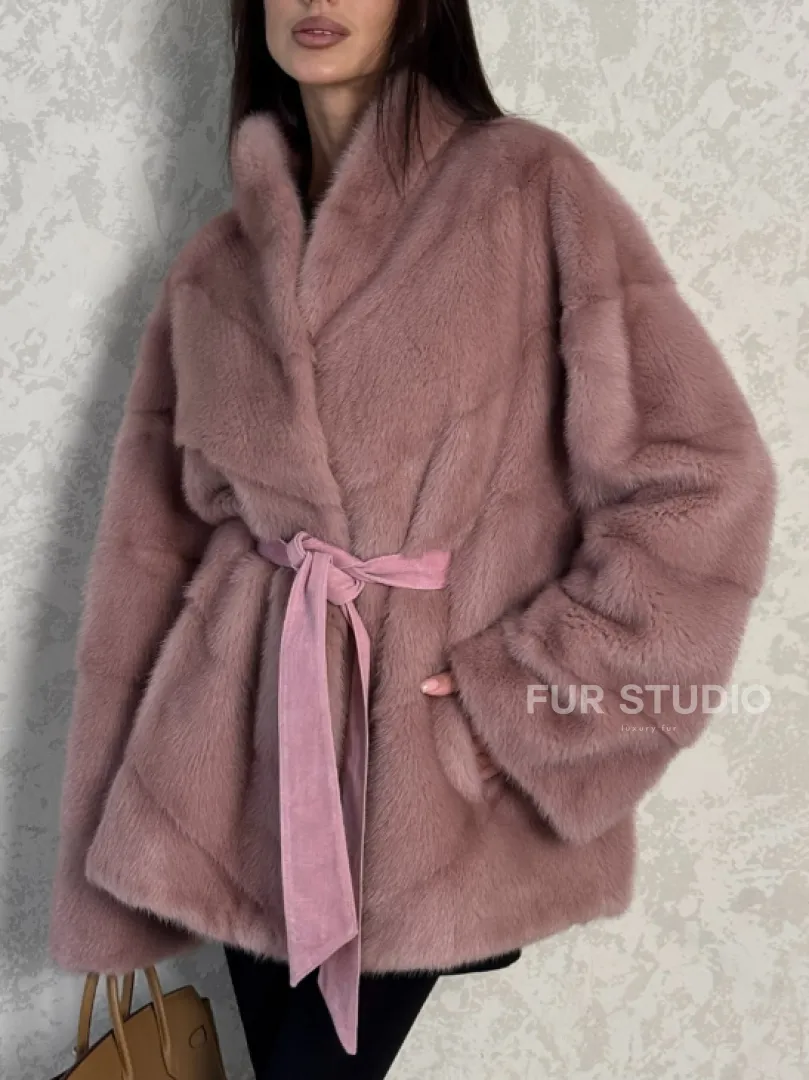 Кимоно норковое воротник отворот - цвет розовый жемчуг - фото 2