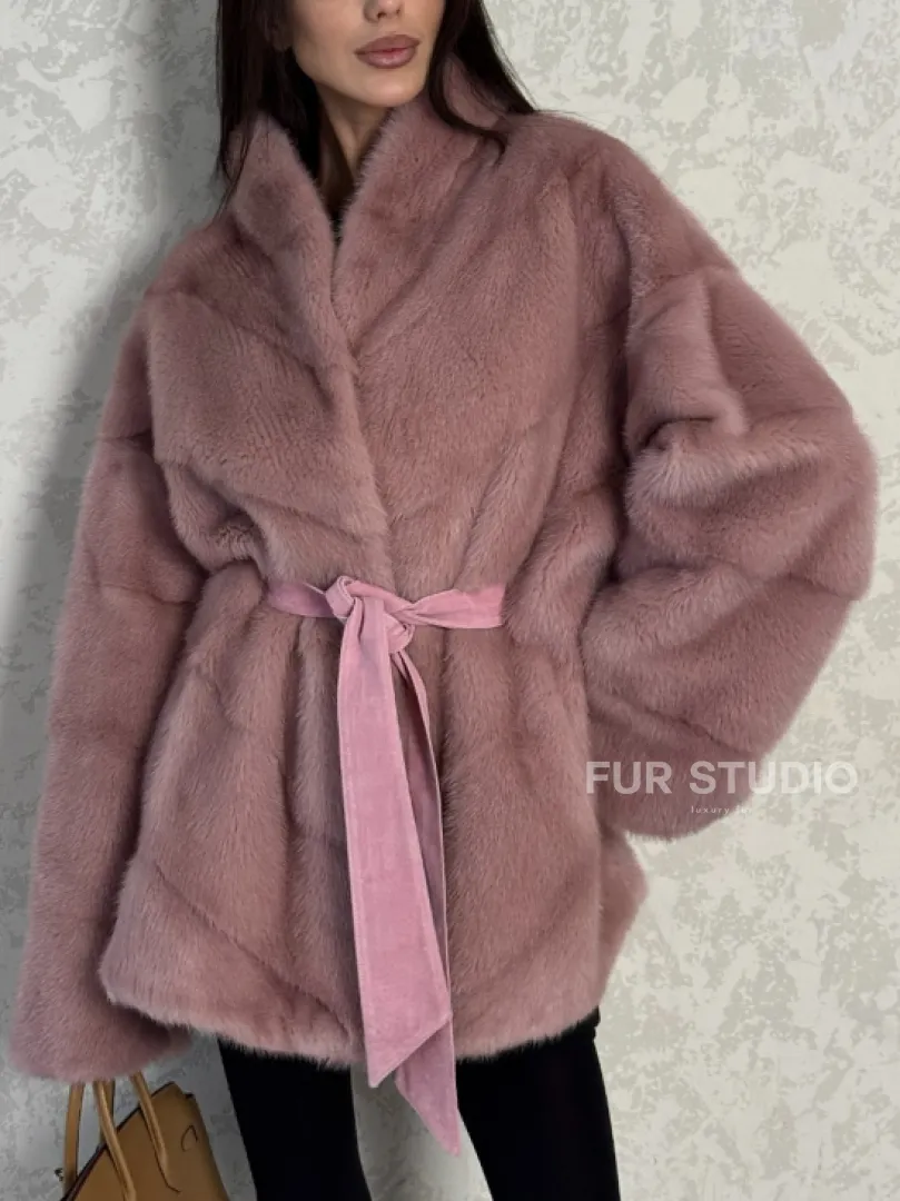 Кимоно норковое воротник отворот - цвет розовый жемчуг - фото 3