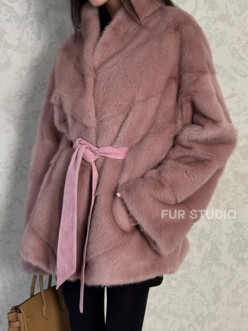 Кимоно норковое воротник отворот - цвет розовый жемчуг - фото 1