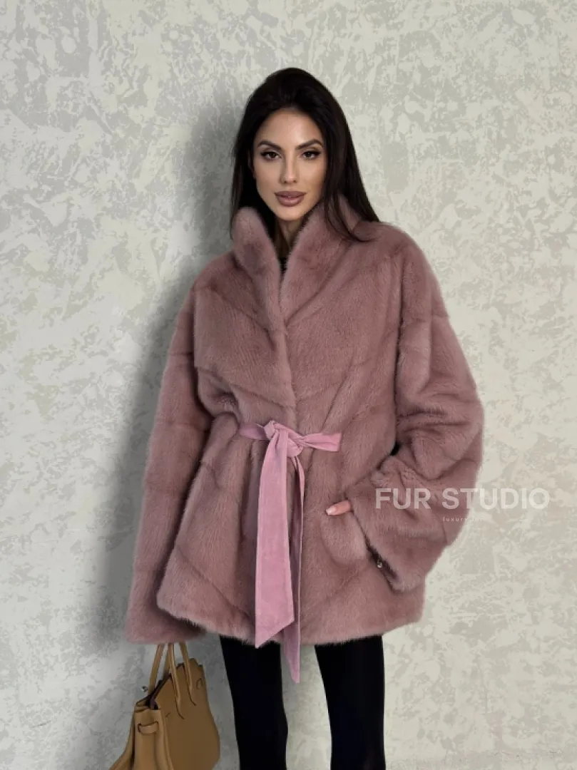 Кимоно норковое воротник отворот - цвет розовый жемчуг - фото 8