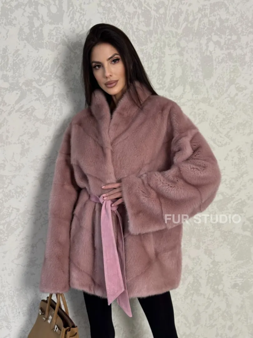 Кимоно норковое воротник отворот - цвет розовый жемчуг - фото 6