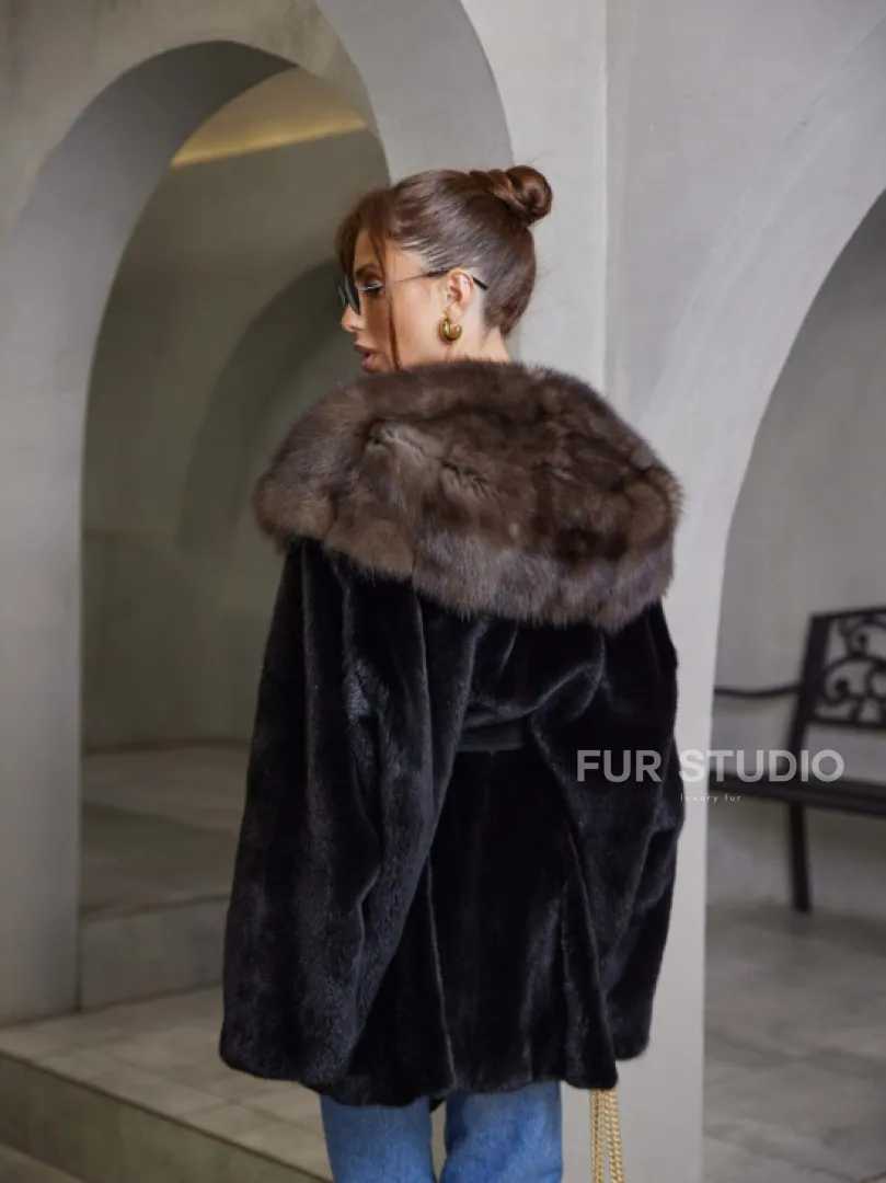 норка в роспуск шуба - черная с капюшоном куница - фото 3