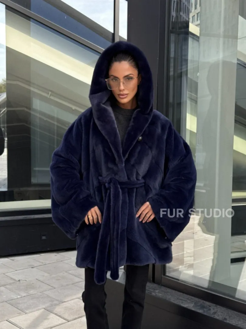 Шуба летучая мышь с капюшоном цвет аквамарин - паркетная раскладка - фото 19