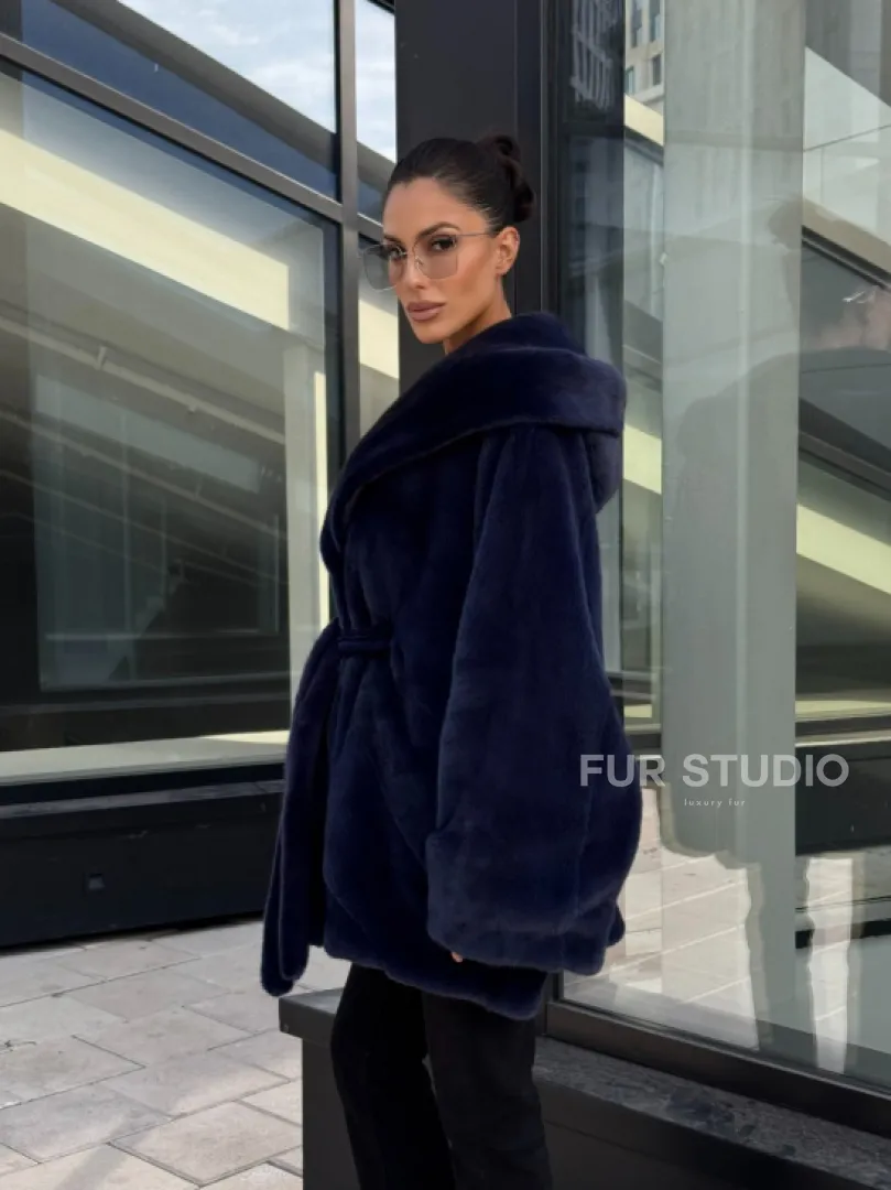 Шуба летучая мышь с капюшоном цвет аквамарин - паркетная раскладка - фото 16