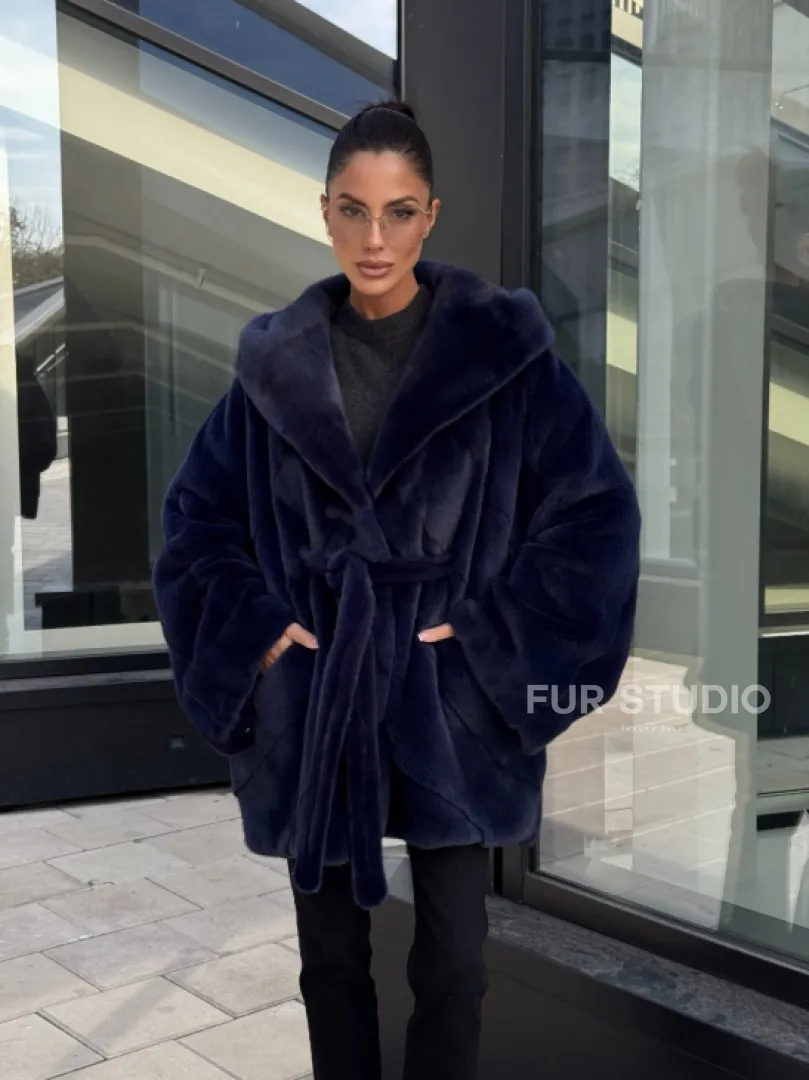 Шуба летучая мышь с капюшоном цвет аквамарин - паркетная раскладка - фото 11