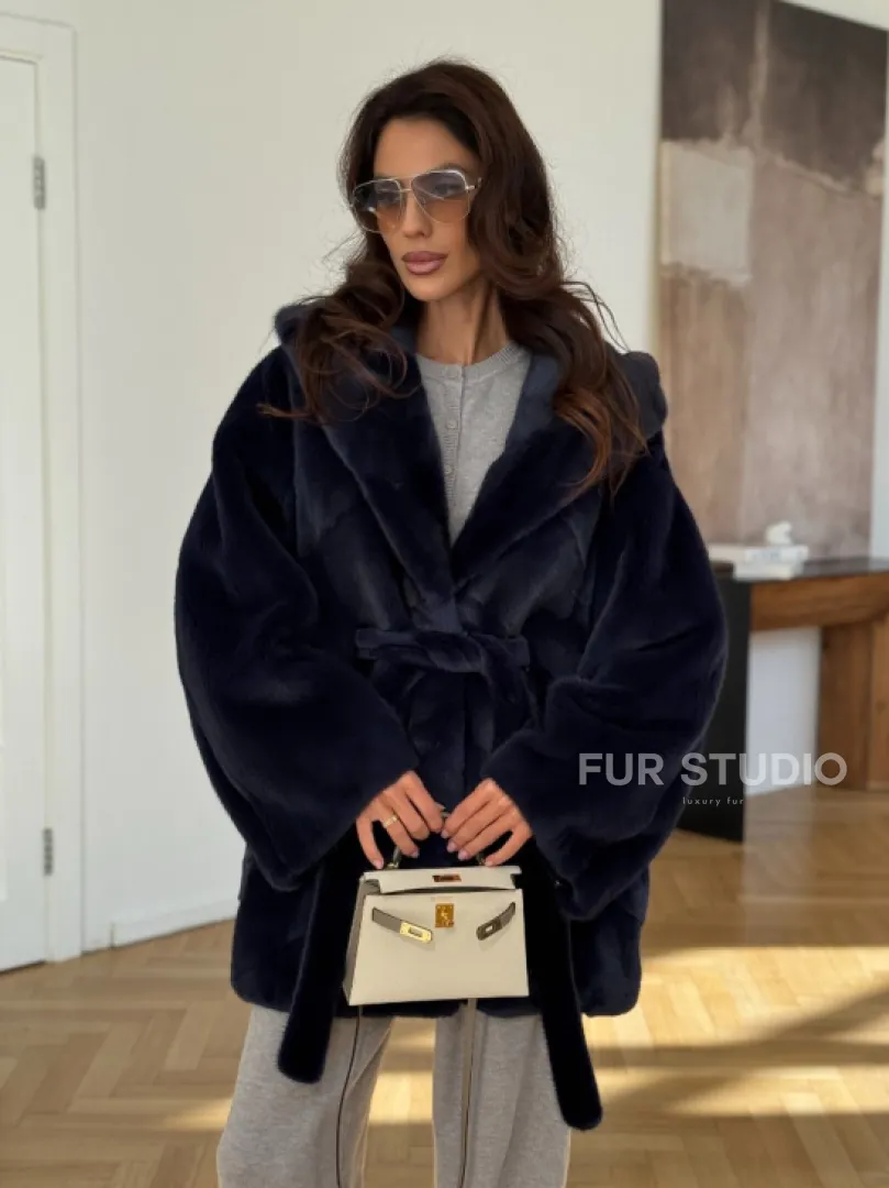 Шуба летучая мышь с капюшоном цвет аквамарин - паркетная раскладка - фото 6