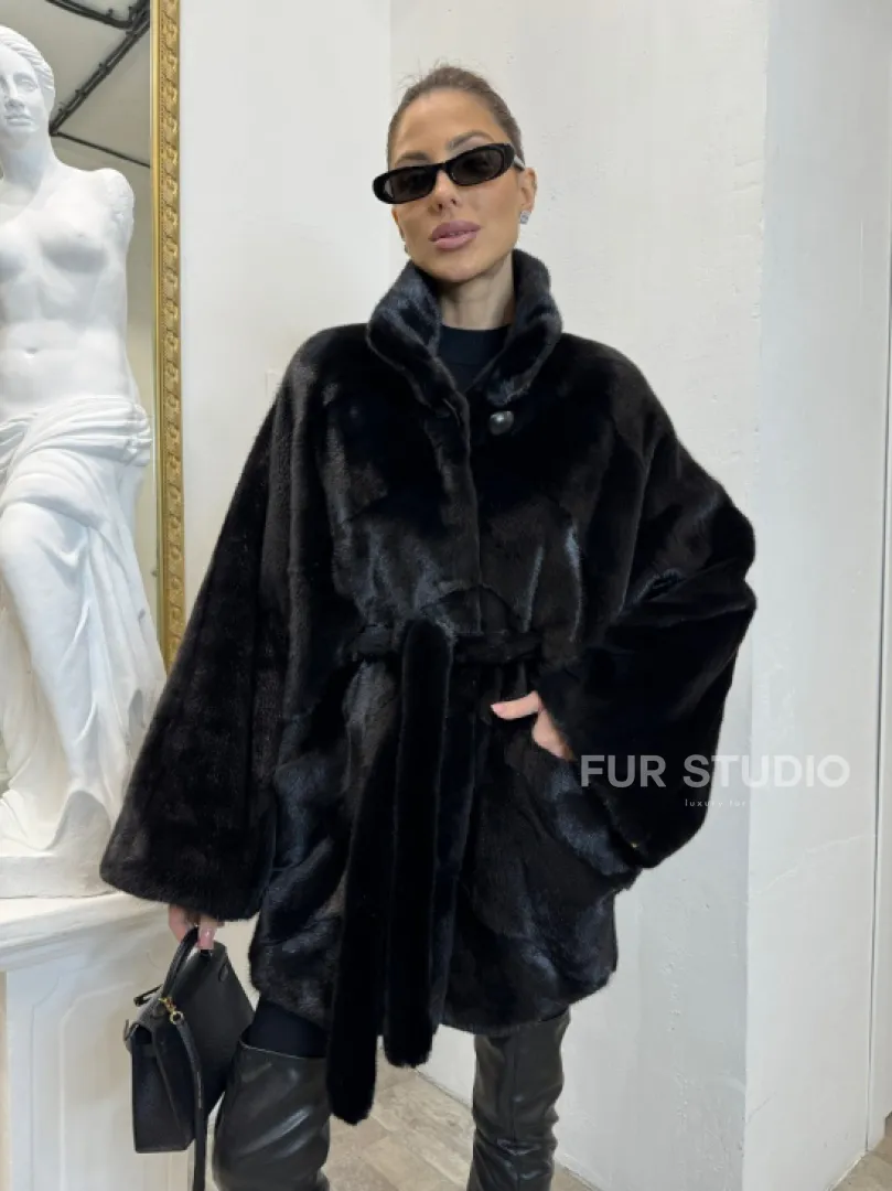 Шуба летучая мышь мех NAFA , стойка воротник - цвет черный бриллиант - фото 3