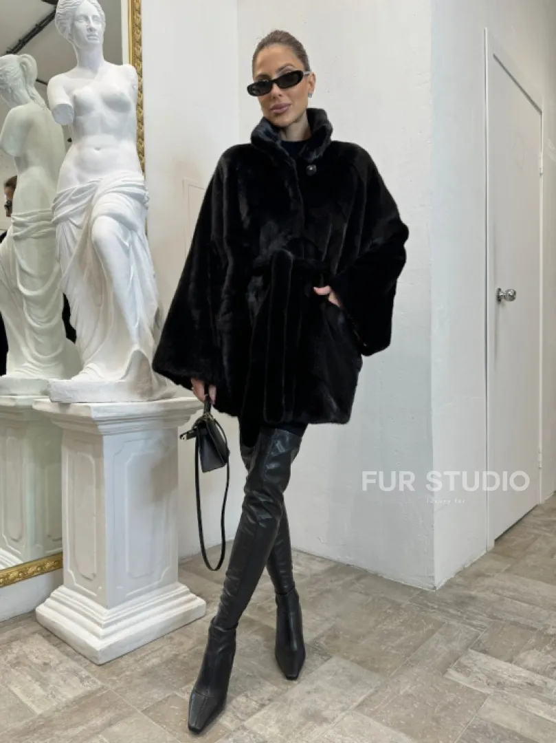 Шуба летучая мышь мех NAFA , стойка воротник - цвет черный бриллиант - фото 7