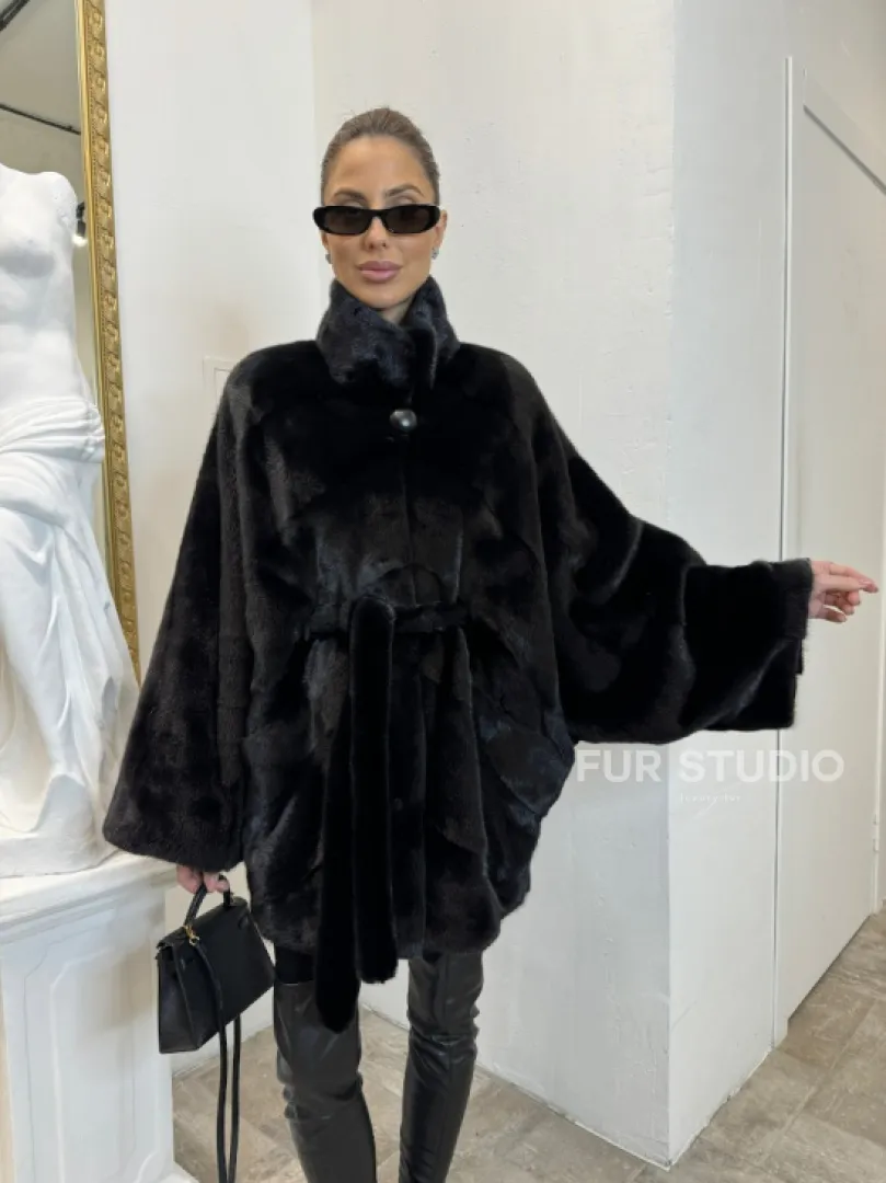 Шуба летучая мышь мех NAFA , стойка воротник - цвет черный бриллиант - фото 5