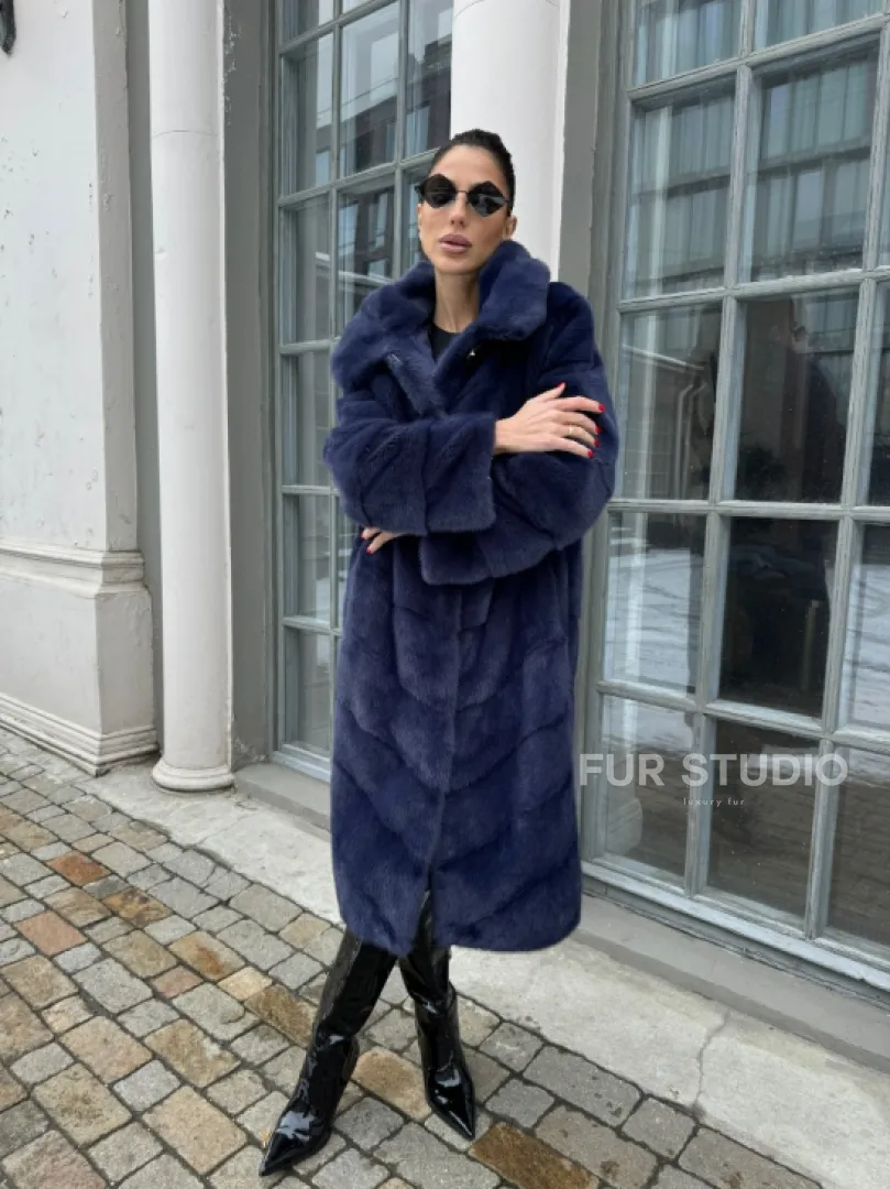 Шуба паркет из меха норки с капюшоном - цвет черника - фото 7