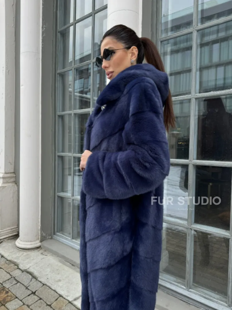 Шуба паркет из меха норки с капюшоном - цвет черника - фото 2