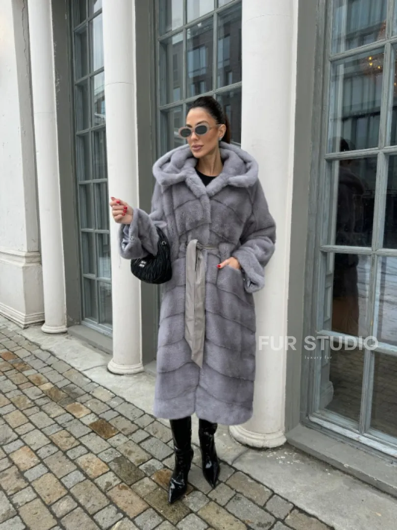 Норка кимоно паркет с капюшоном - цвет серый сапфир - фото 4