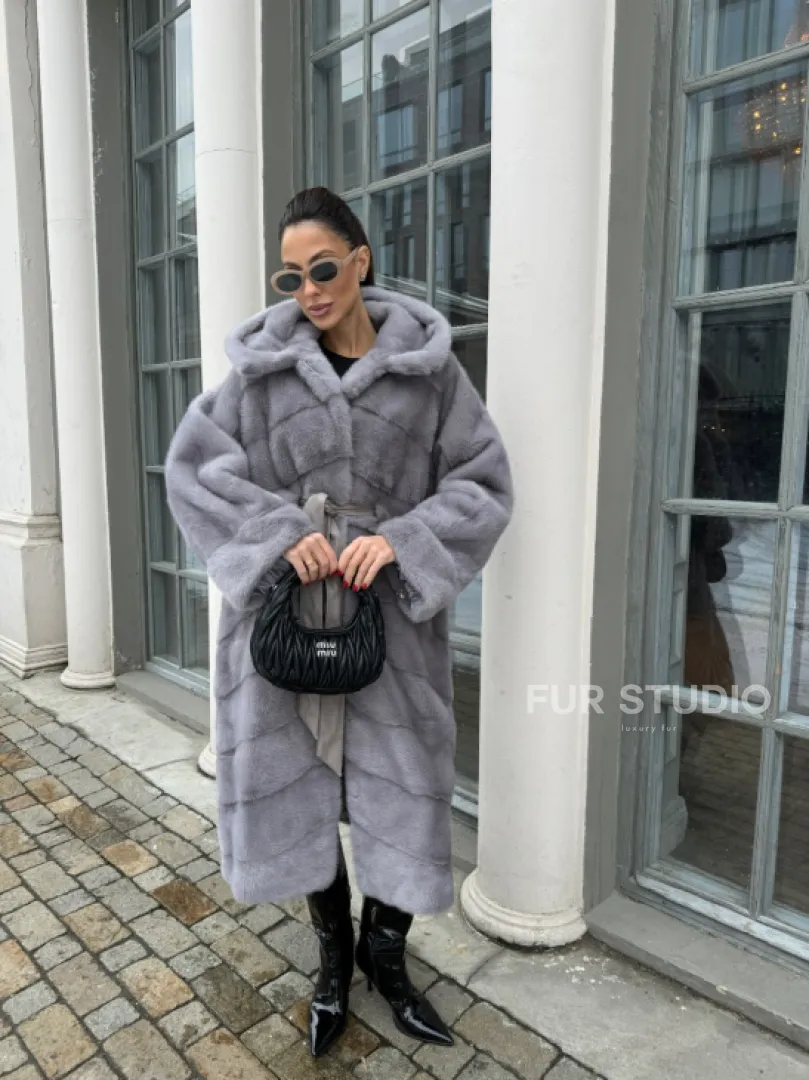 Норка кимоно паркет с капюшоном - цвет серый сапфир - фото 8