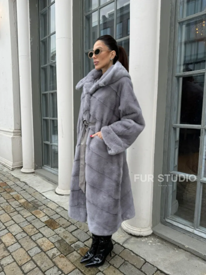 Норка кимоно паркет с капюшоном - цвет серый сапфир - фото 6