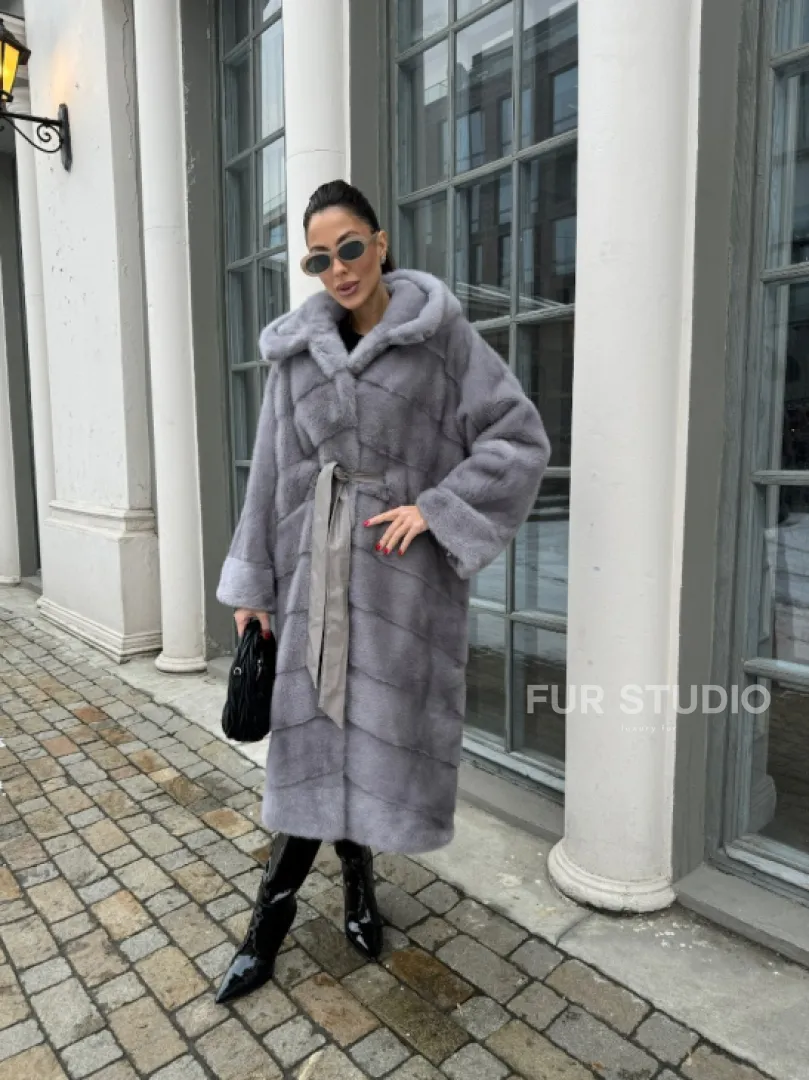 Норка кимоно паркет с капюшоном - цвет серый сапфир - фото 7