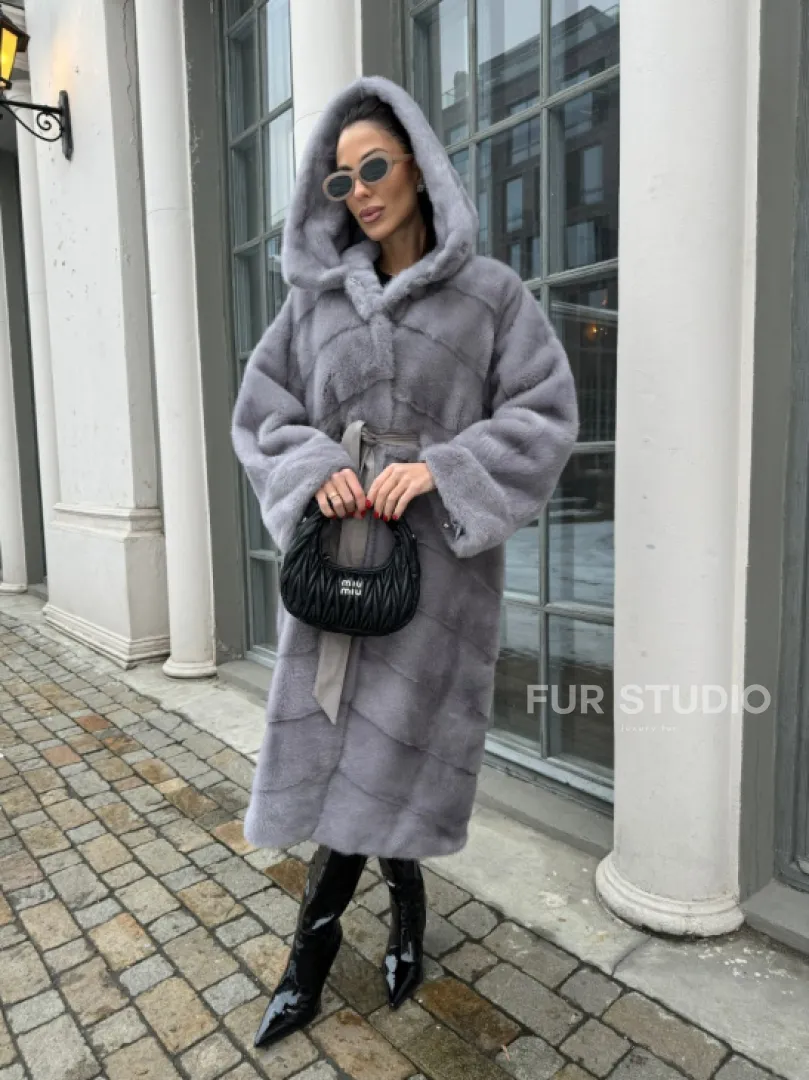 Норка кимоно паркет с капюшоном - цвет серый сапфир - фото 1