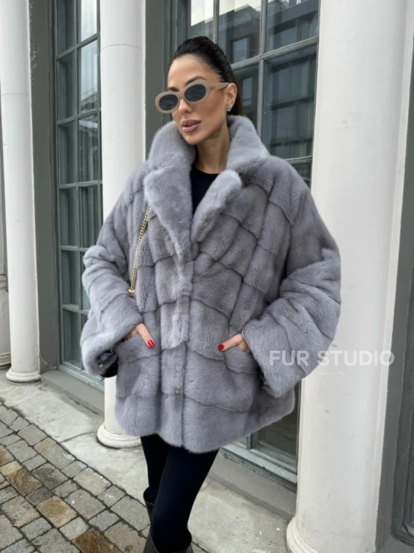 Норковый полушубок паркет английский воротник - цвет серый сапфир - фото 0