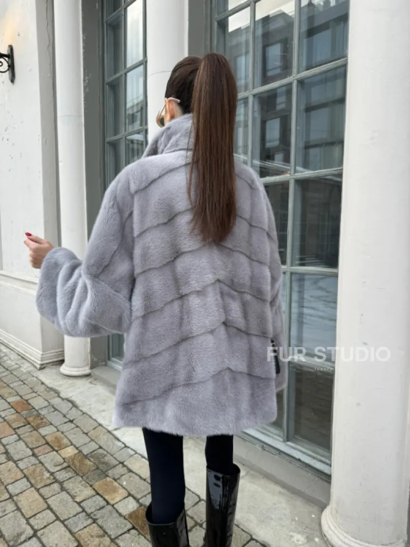 Норковый полушубок паркет английский воротник - цвет серый сапфир - фото 4