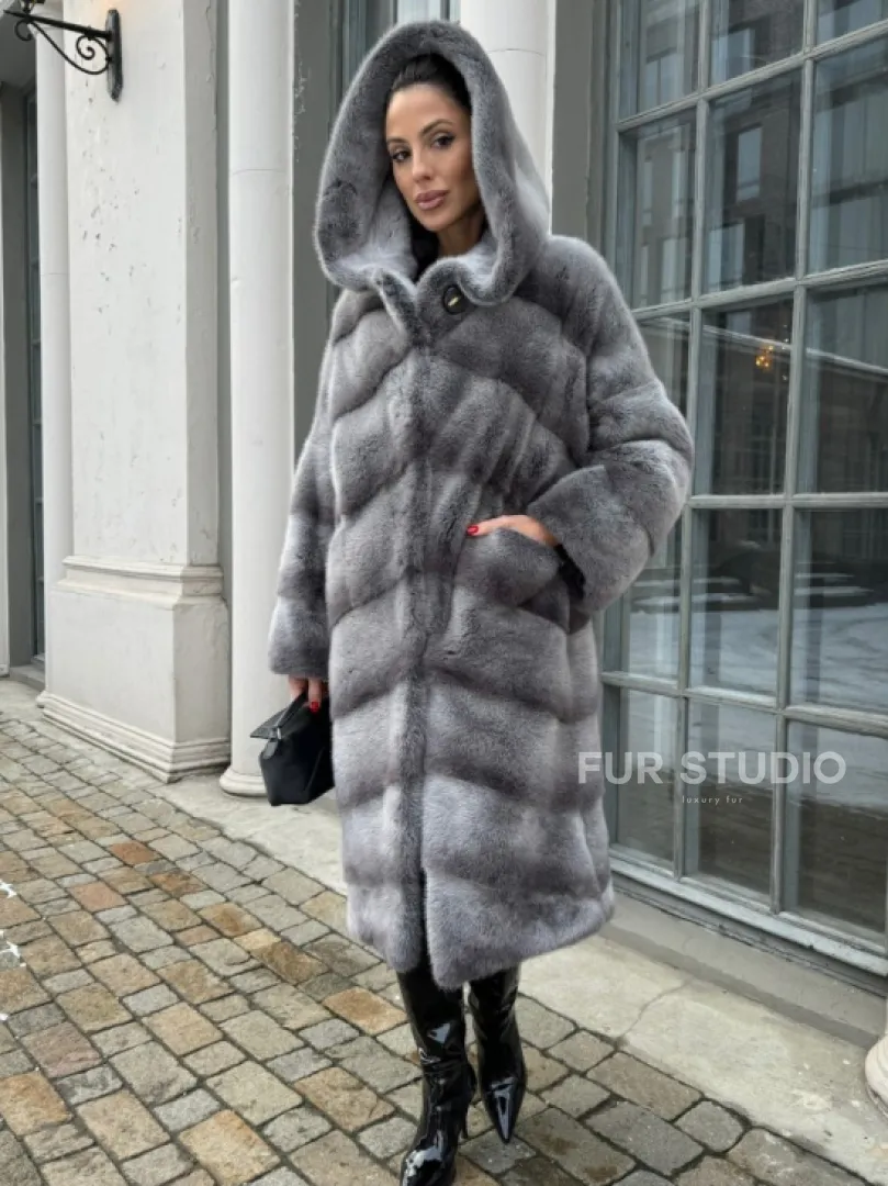 Шуба норковая с капюшоном, паркет - цвет графит-хамелеон