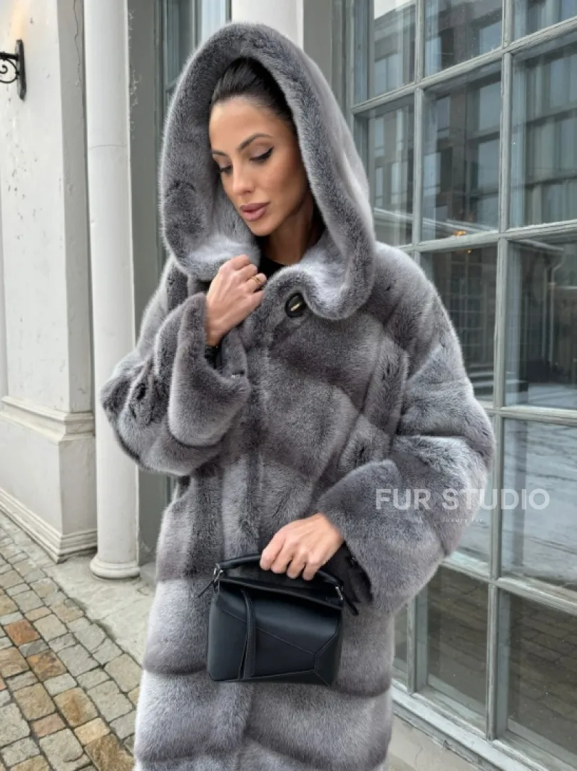 Шуба норковая с капюшоном, паркет - цвет графит-хамелеон - фото 2