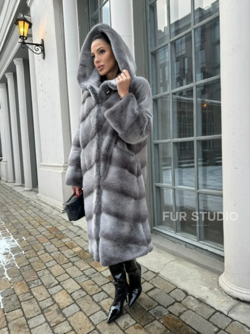Шуба норковая с капюшоном, паркет - цвет графит-хамелеон - фото 4