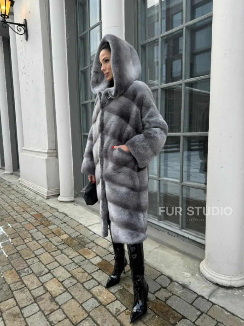 Шуба норковая с капюшоном, паркет - цвет графит-хамелеон - фото 7