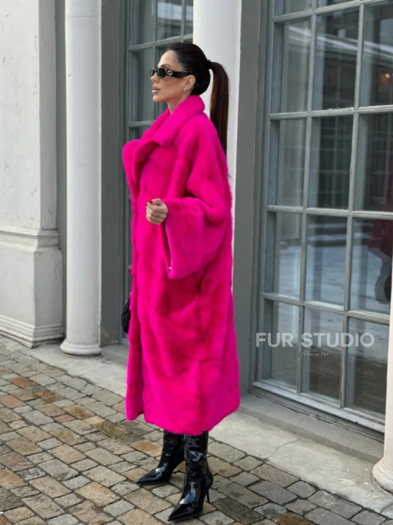 Шуба из меха норки в стиле Oversize - цвет фуксия - фото 1