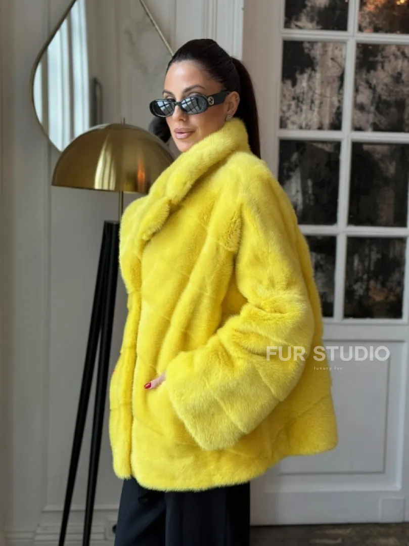 Норковый полушубок английский воротник, паркет - цвет лимонный - фото 1
