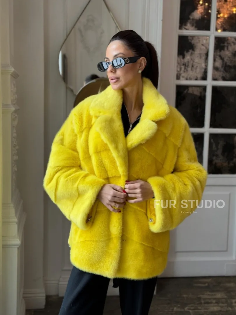 Норковый полушубок английский воротник, паркет - цвет лимонный - фото 3
