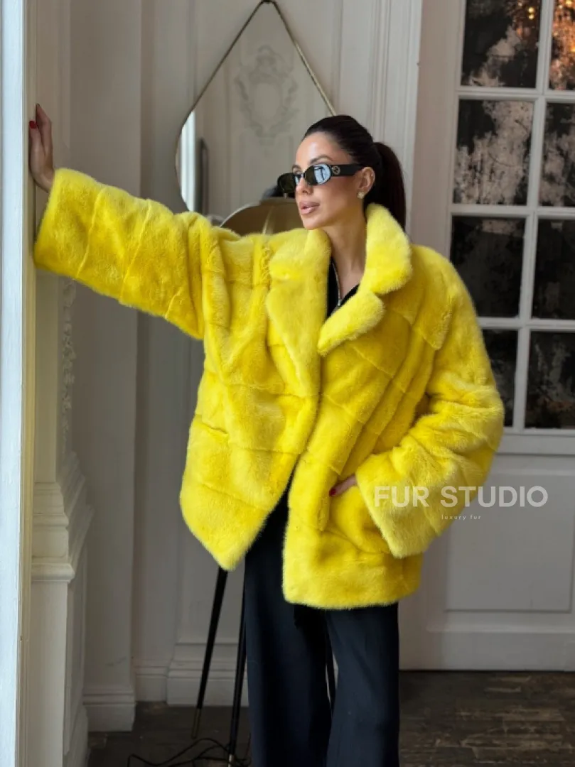 Норковый полушубок английский воротник, паркет - цвет лимонный - фото 8