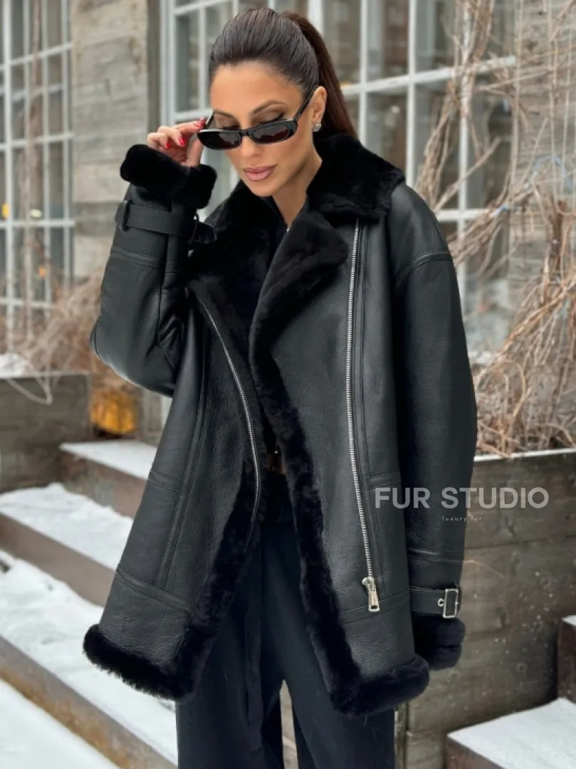 Черная дубленка авитор на овчине - фото 0